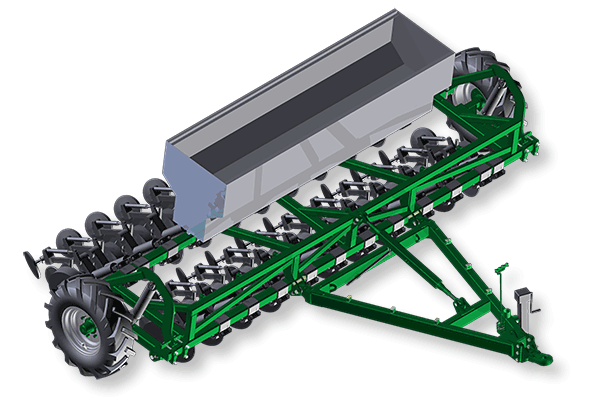 2-bar trailing planter frame for single disc planter units. Full hydraulic lift wheels, with choice of seeder box.